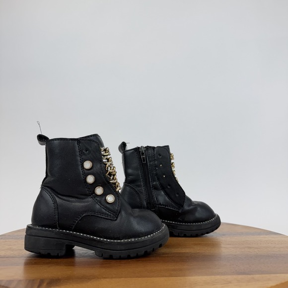 Little Kids Kurt Geiger London Mini Bax Black Leather Combat Ankle Boots Size 6 - Picture 1 of 10